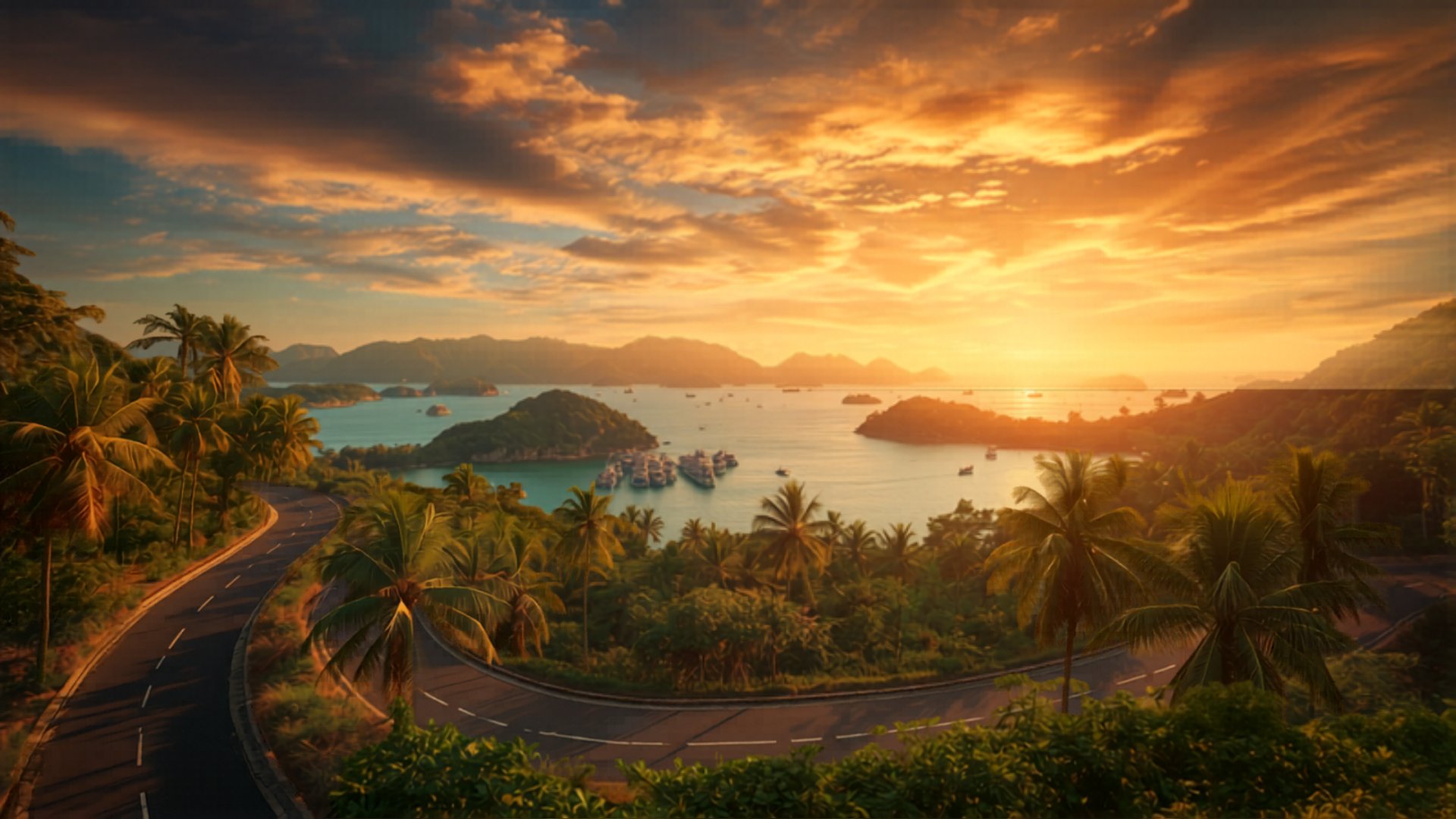 Живописная прибрежная дорога на Фукуоке на закате