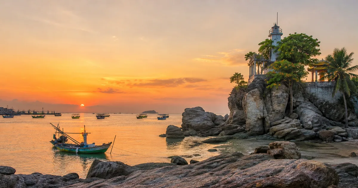 Dinh Cau rock temple at sunset from Duong Dong riverside walk, Phu Quoc