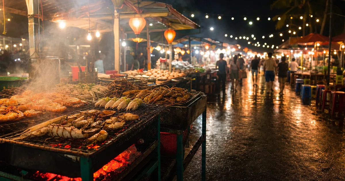 Duong Dong Night Market grilled squid and corn stalls at dusk, Phu Quoc