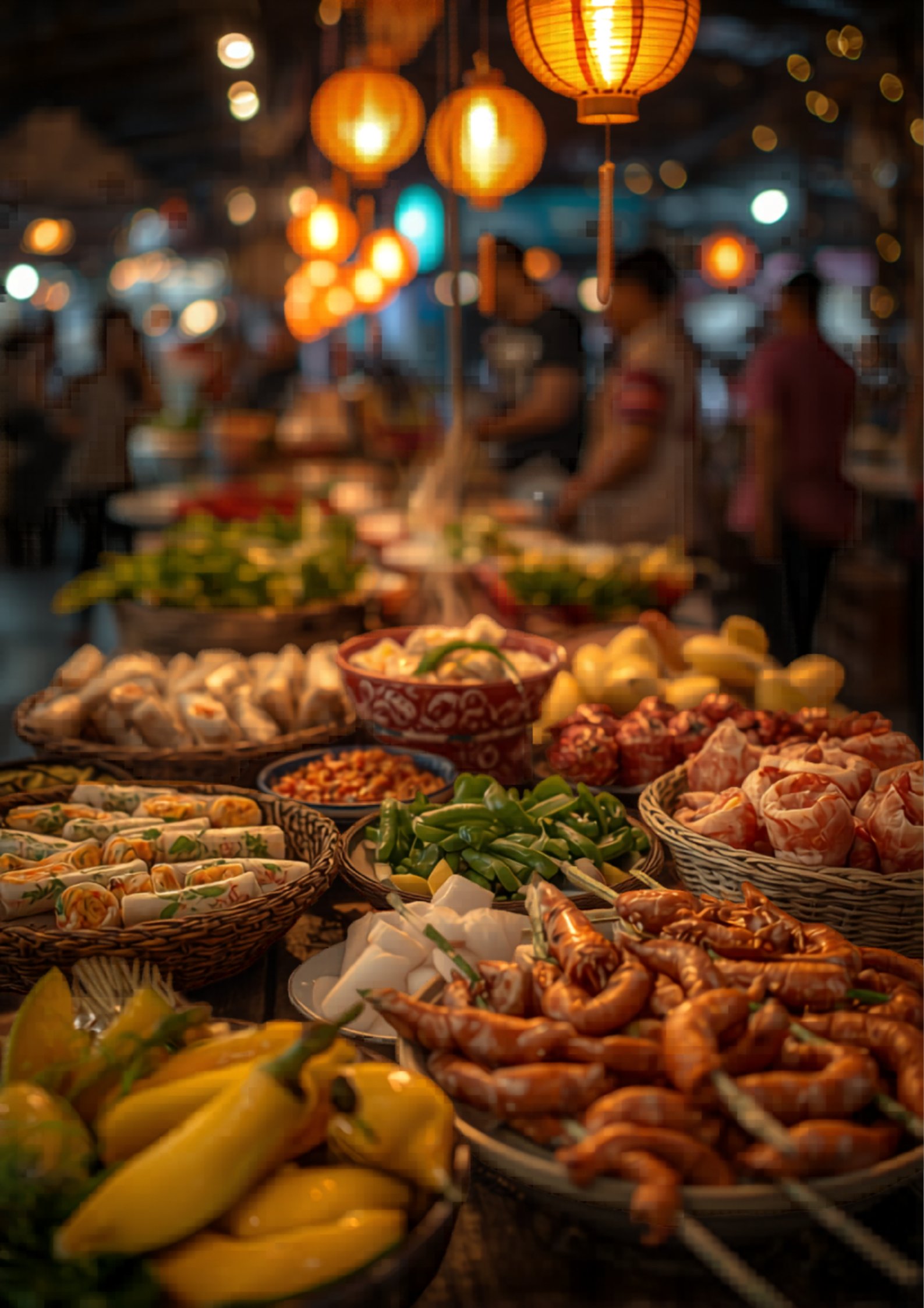 Vietnamese street food at Phu Quoc night market with lanterns