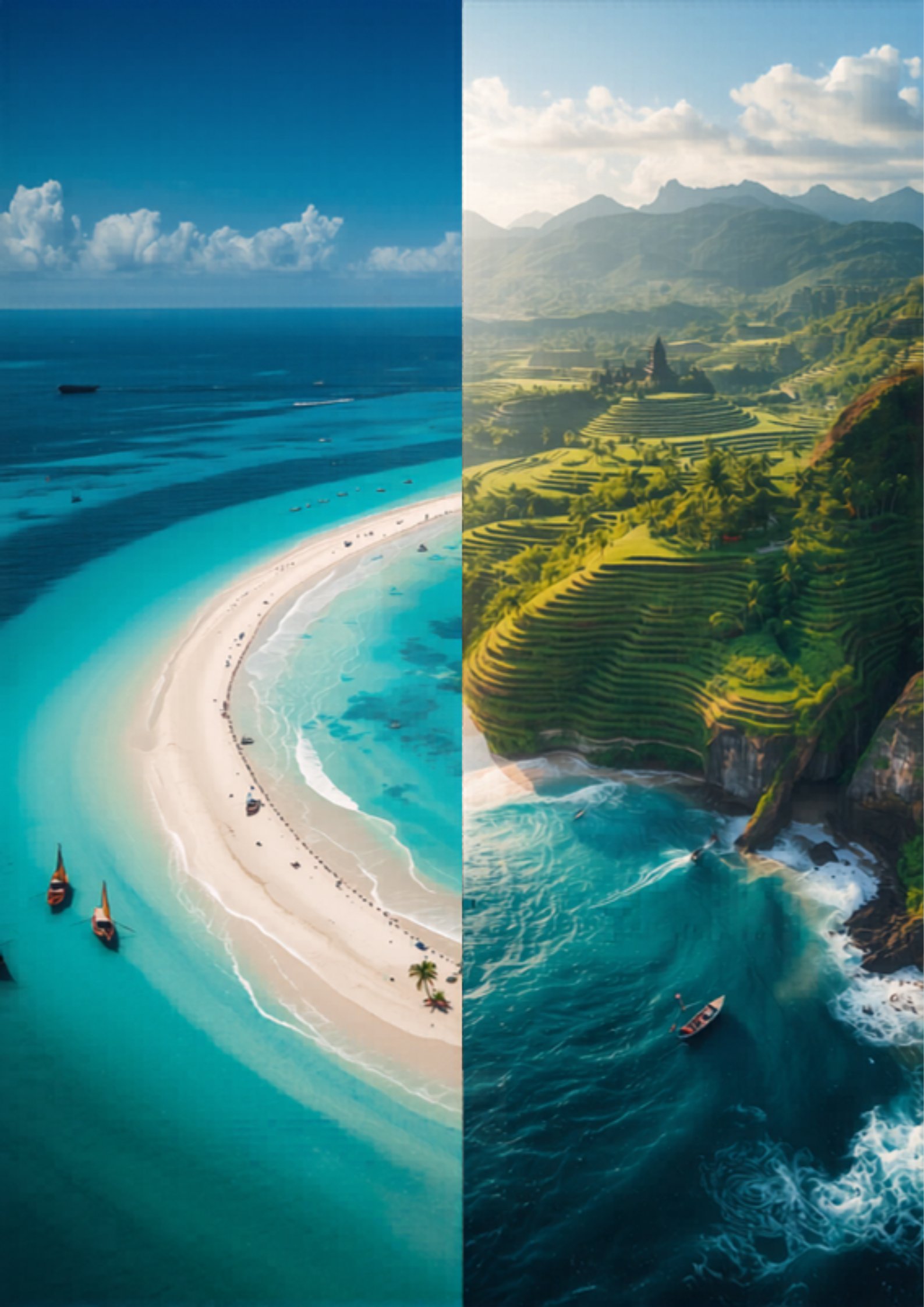Split view comparing Phu Quoc white beach and Bali rice terraces