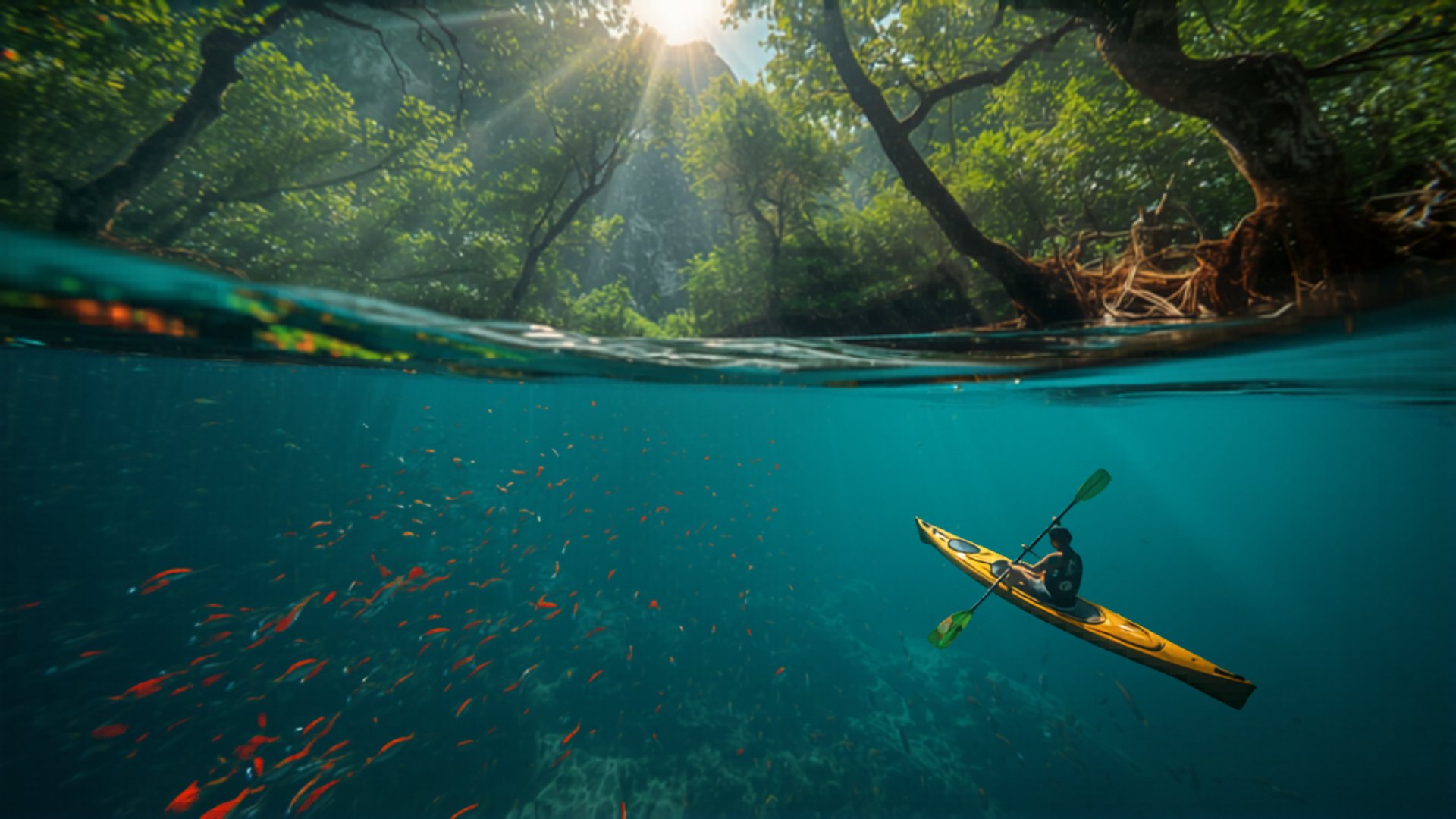 Каякинг в мангровом лесу с тропическими рыбами на Фукуоке