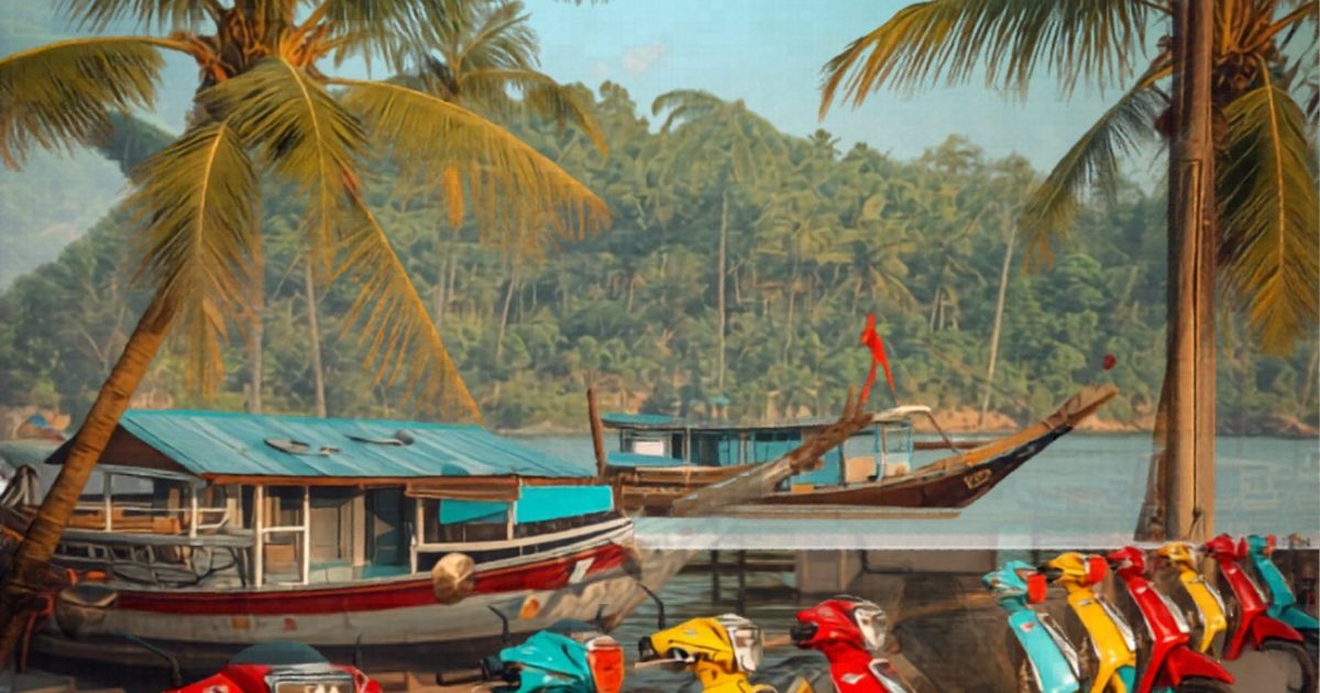 Яркие мотобайки у тропического причала на Фукуоке